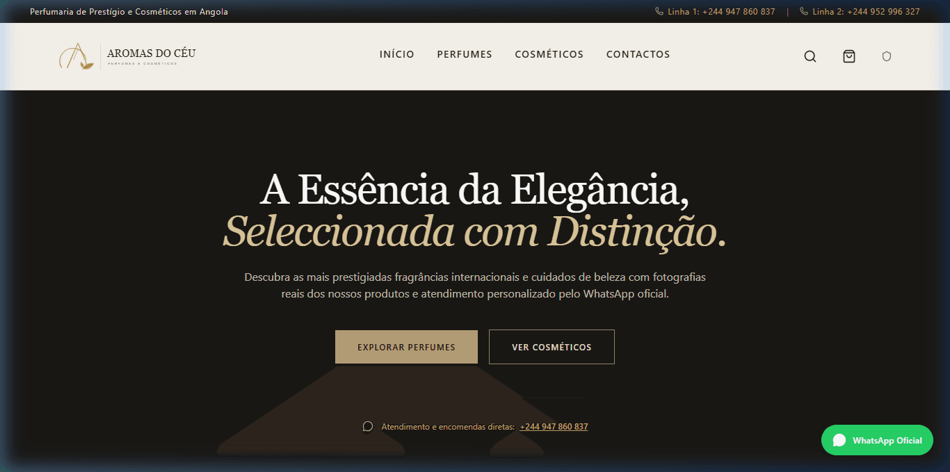 Captura real da página inicial do website oficial da Aromas do Céu