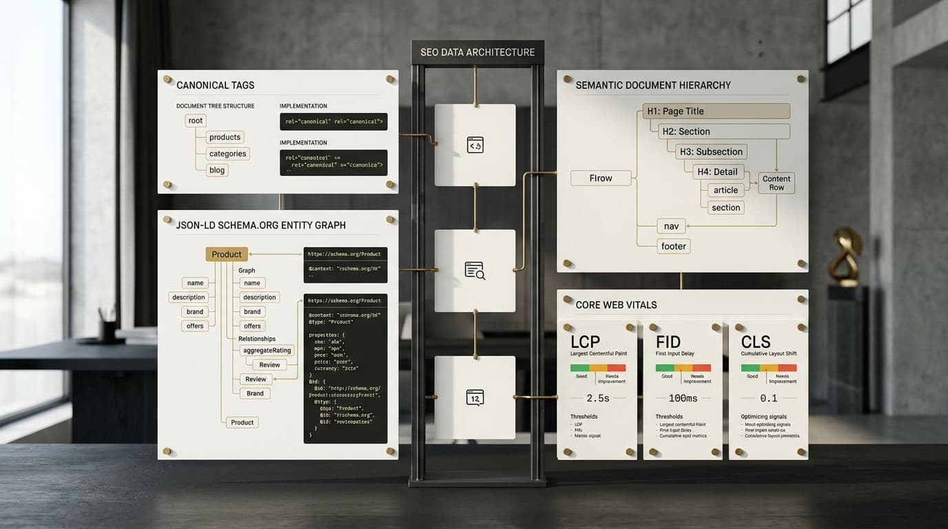 Painel arquitetural de auditoria SEO e saúde técnica com indexação semântica, dados estruturados Schema.org e métricas de desempenho em tons grafite, marfim e dourado