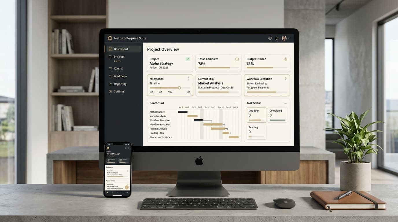 Conceito de interface de software empresarial e aplicação móvel complementar apresentando painel de gestão de projetos e tarefas